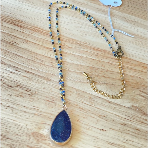 Blue Teardrop Stone Necklace with Gold Beaded Chain - Picture 1 of 4